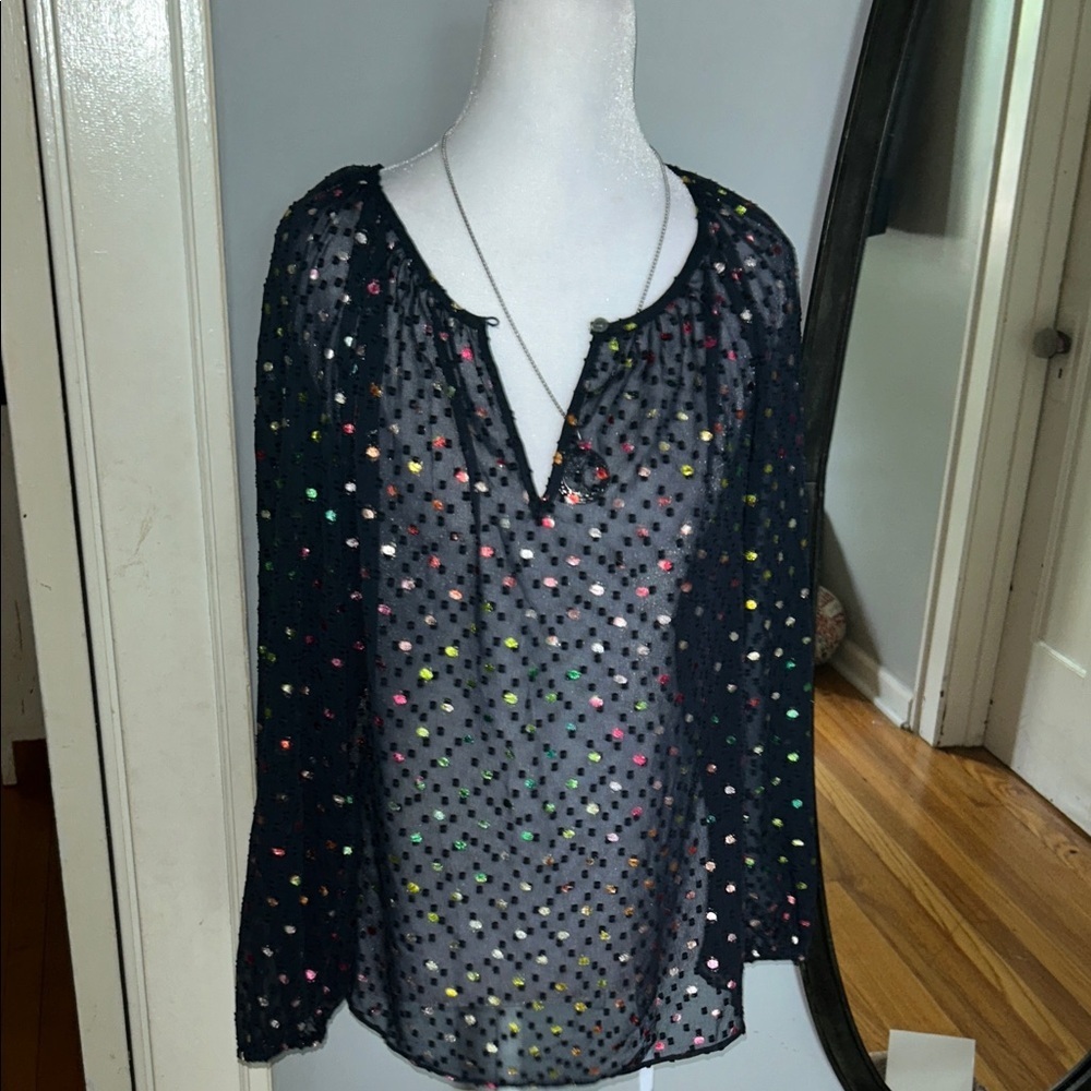 J. Crew Midnight Blue Blouse with Multicolor Dots - Picture 2 of 8